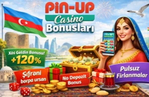Pin-Up Azərbaycan bonus banneri, xəzinə sandığı, hədiyyələr, pulsuz fırlanmalar və kazino elementləri